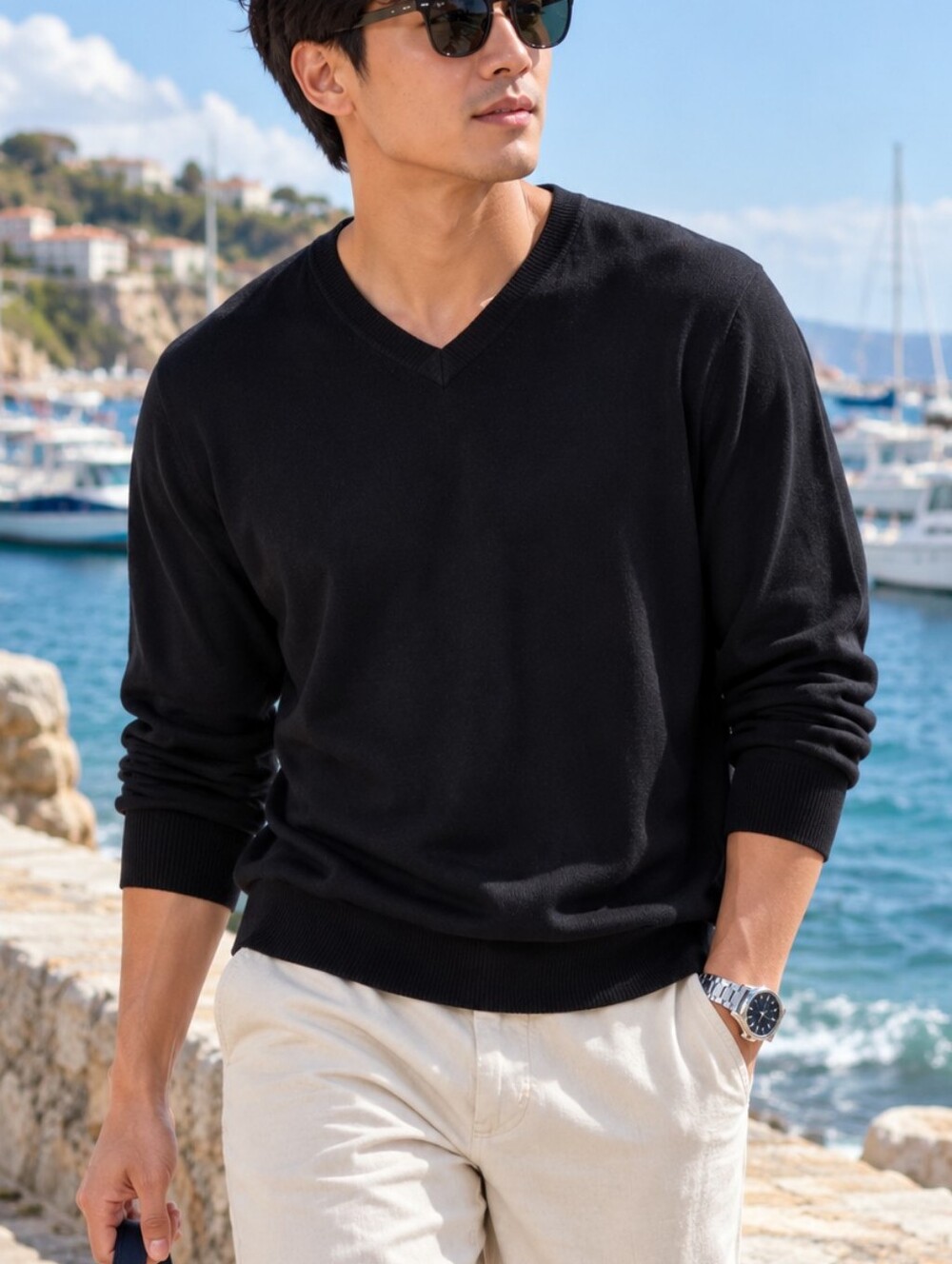 French Connection Men’s Black V-Neck Lightweight Knit Sweater Size L